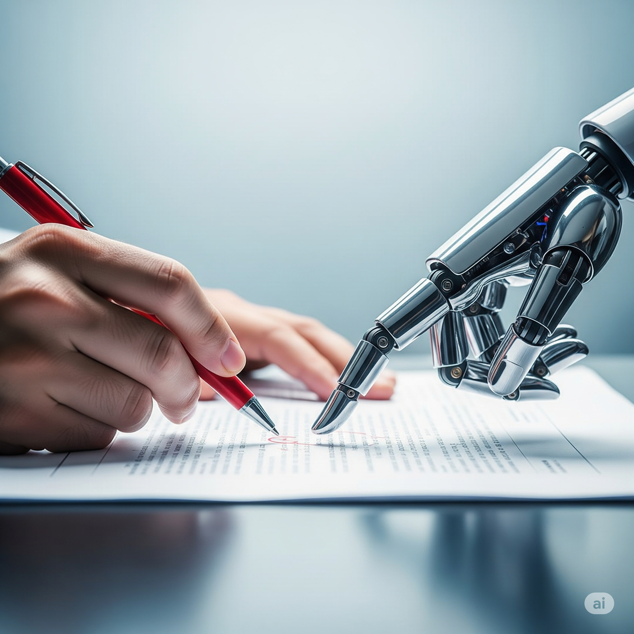 Mão humana e mão robótica editando um documento com caneta